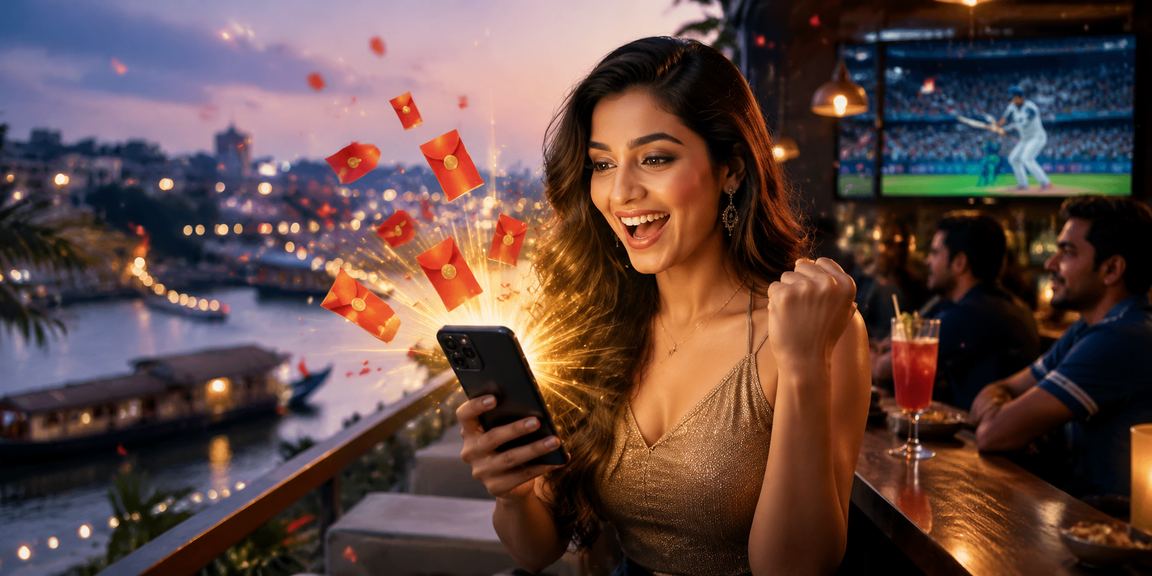 Teen Patti and cricket enthusiast playing in Kerala backwaters with mobile device